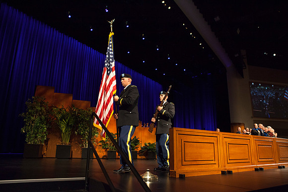 Newly commissioned 2LT's present the colors during the BYU-Idaho Commencement Cereomony in the I-Center.