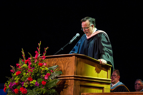 Jon Linford, Dean of Foundations and Interdisciplinary Studies, opens Convocation in the Kirkham Auditorium. Photo by Tyler Rickenbach