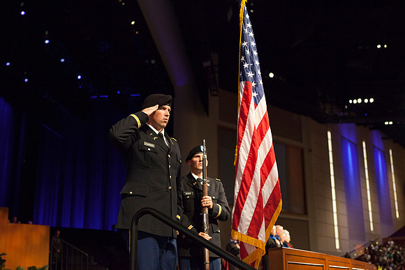 Newly commissioned 2LT's present the colors during the BYU-Idaho Commencement Cereomony in the I-Center.