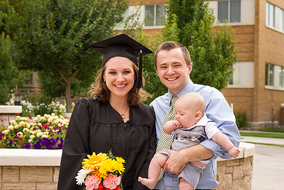 Graduates gather on the BYU-Idaho campus with their family outside, after the Commencement Ceremony in the I-Center. Photo by Tyler Rickenbach