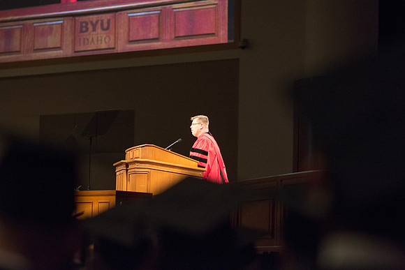 President Clark G. Gilbert addresses graduates at convocation. Photo by Ryan Chase.