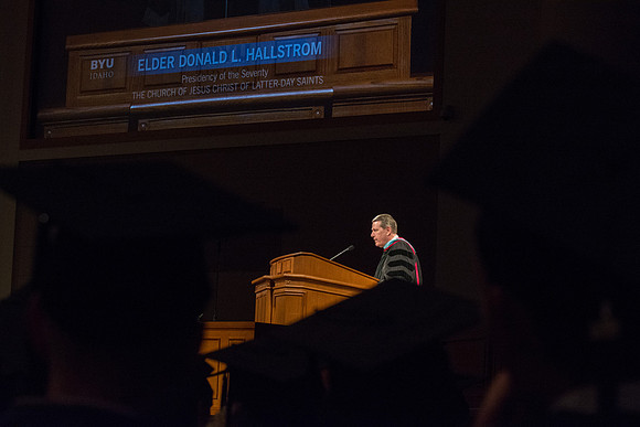 Elder Donald L. Hallstrom, of the Presidency of the Seventy, speaks at convocation. Photo by Ryan Chase.