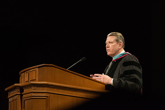 Elder Donald L. Hallstrom, of the Presidency of the Seventy, speaks at convocation. Photo by Ryan Chase.