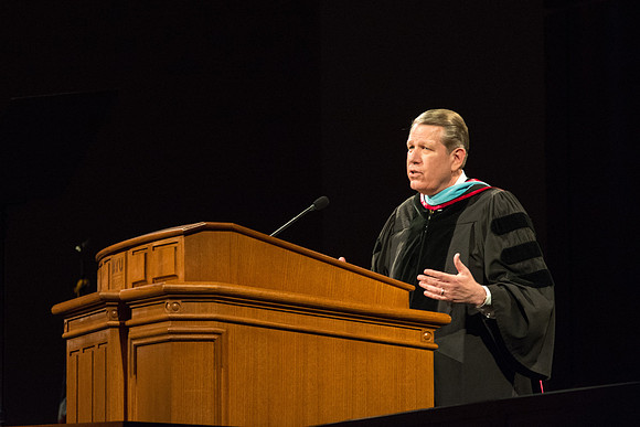 Elder Donald L. Hallstrom, of the Presidency of the Seventy, speaks at convocation. Photo by Ryan Chase.