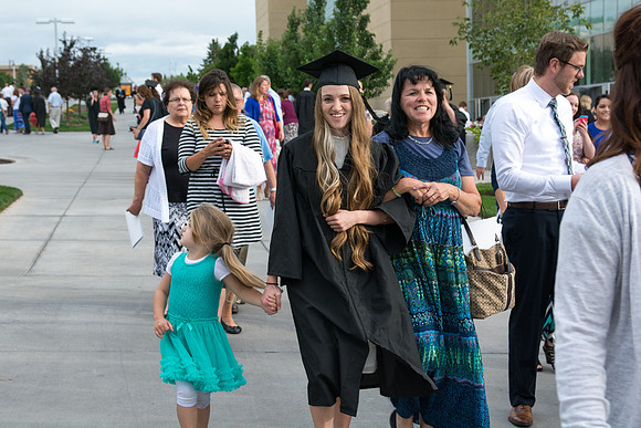 Graduates with their families at Brigham Young University-Idaho.