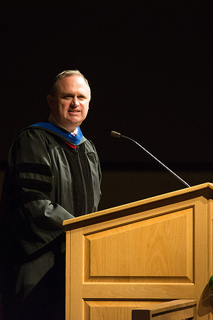 Scott Galer, of the College of Language and Letters, addresses graduatesof the College of Laguage and Letters. Photo by Ryan Chase.