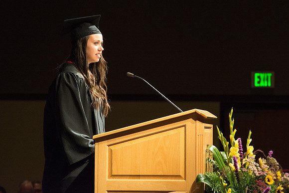 Breanne Richards, an English graduate, addresses graduates of the College of Laguage and Letters. Photo by Ryan Chase.