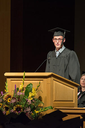 Austin Peterson, an International Studies major, addresses graduates of the College of Laguage and Letters. Photo by Ryan Chase.
