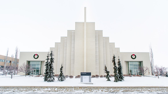 Winter and Christmas scenes on campus with fresh fallen snow, Taylor building