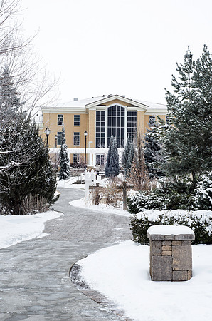 Winter scenes on campus with fresh fallen snow, Hinckley building