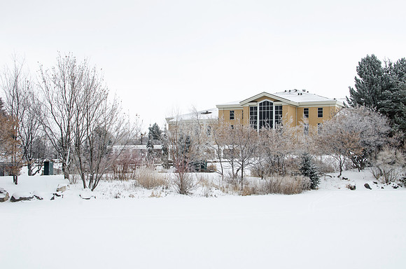 Winter scenes on campus with fresh fallen snow, Hinckley building