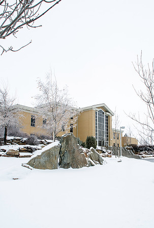 Winter scenes on campus with fresh fallen snow, Hinckley building