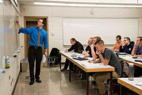 Students in a Civil Engineering class, Reinforced Concrete Design, are taught by Nathan Harris.