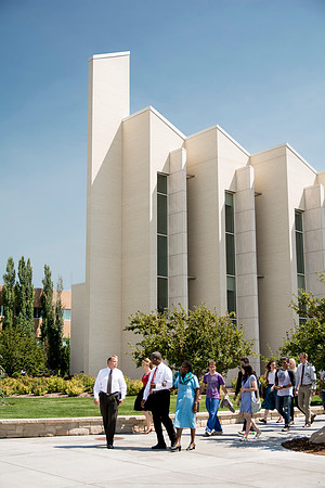 Faculty and Students leave the Taylor Building after a Summer Session BYU-Idaho Devotional.