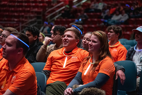 Students participate of the New Student Talent Show in the Hart building.