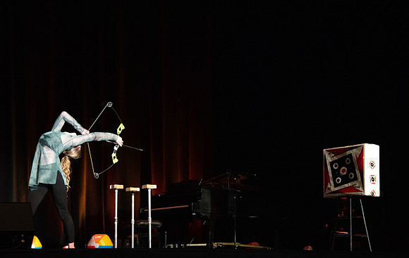 Students participate of the New Student Talent Show in the Hart building.