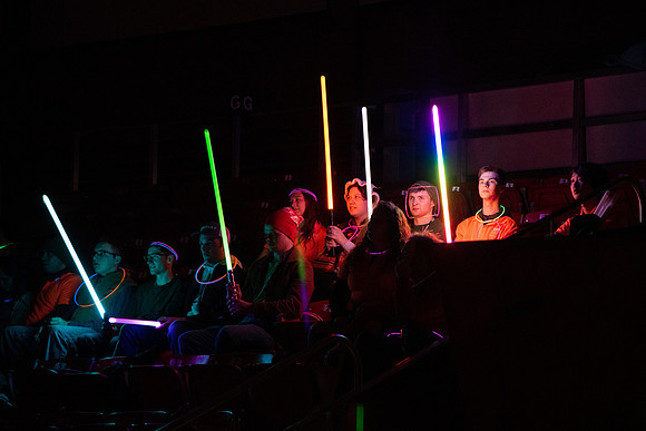 Students participate of the New Student Talent Show in the Hart building.