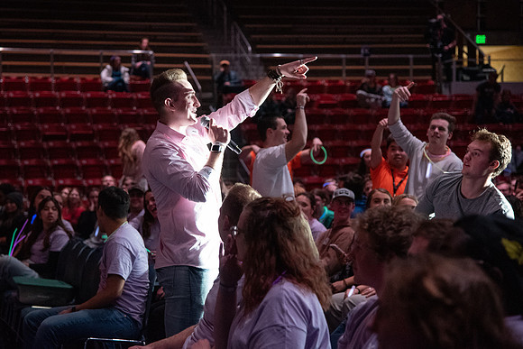 Students participate of the New Student Talent Show in the Hart building.