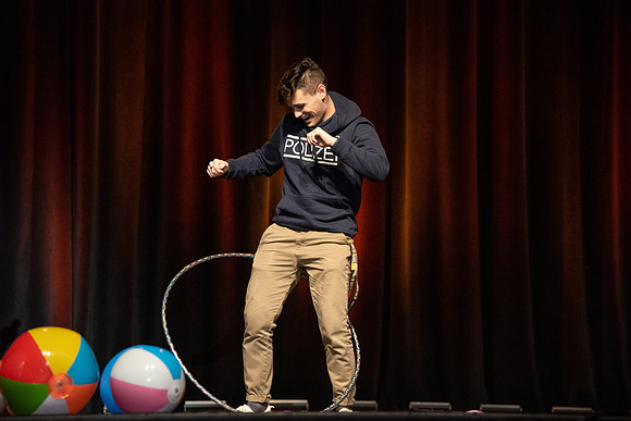 Students participate of the New Student Talent Show in the Hart building.