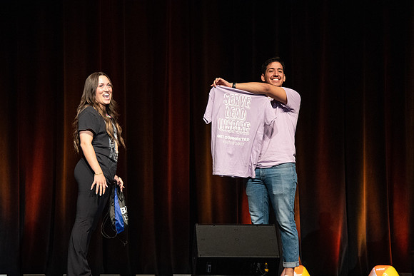 Students participate of the New Student Talent Show in the Hart building.