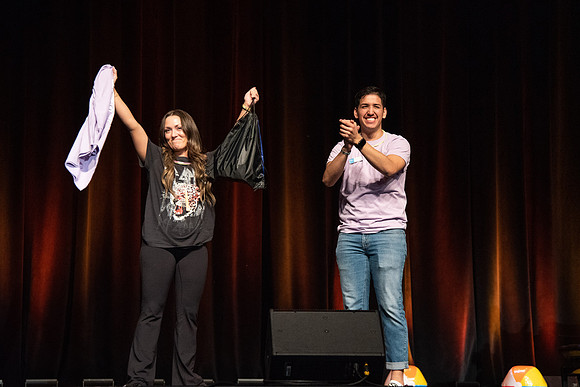 Students participate of the New Student Talent Show in the Hart building.