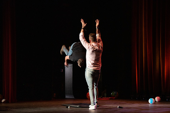 Students participate of the New Student Talent Show in the Hart building.