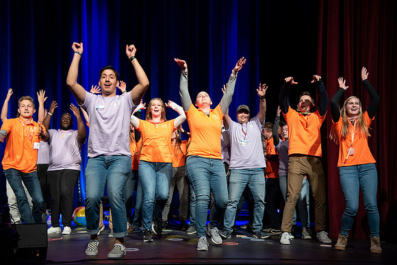 Students participate of the New Student Talent Show in the Hart building.