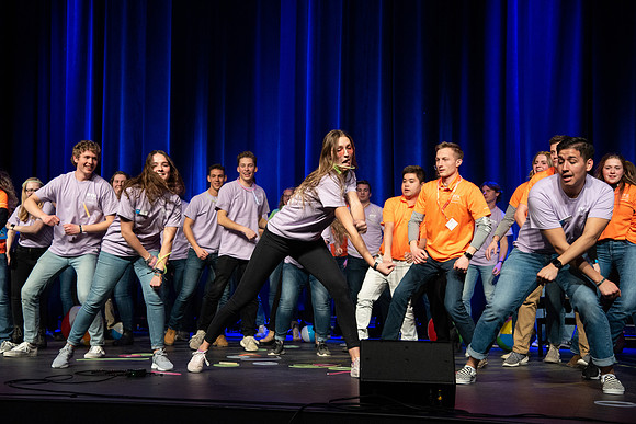 Students participate of the New Student Talent Show in the Hart building.
