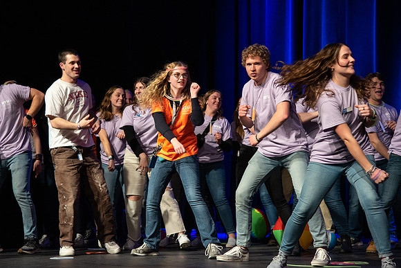 Students participate of the New Student Talent Show in the Hart building.