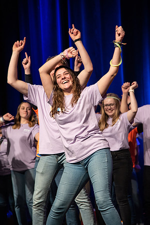 Students participate of the New Student Talent Show in the Hart building.