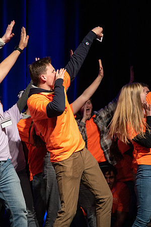 Students participate of the New Student Talent Show in the Hart building.