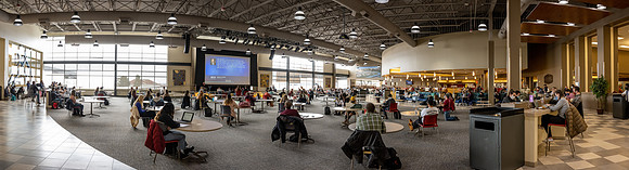 Students gather in the Manwaring Center, Crossroads to study, socialize, and watch devotional.