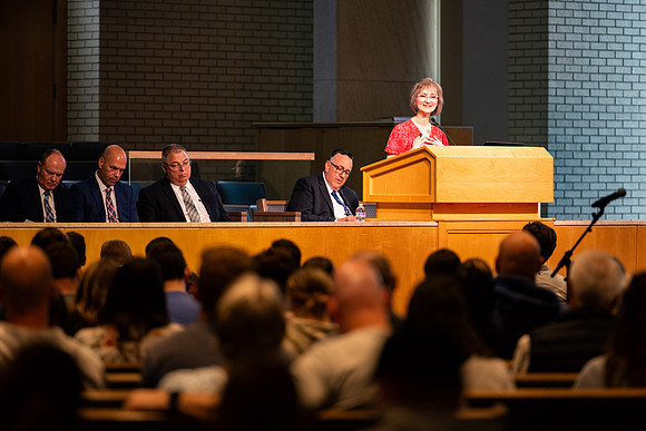 Cindy Bezas speaking at the BYUI University forum