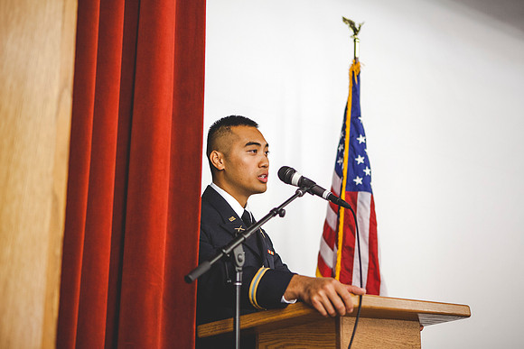 2LT Bloomfield gives a few words after receiving his officer rank.