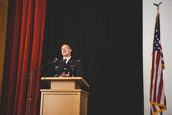 2LT Mathew Skyler Plummer gives a few remarks after getting his rank pinned on.