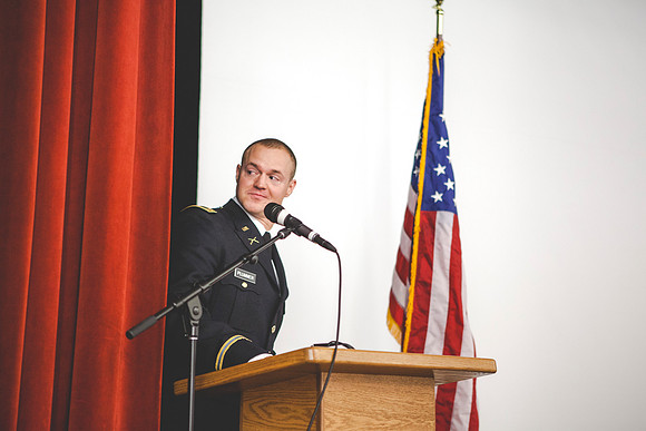 2LT Mathew Skyler Plummer gives a few remarks after getting his rank pinned on.