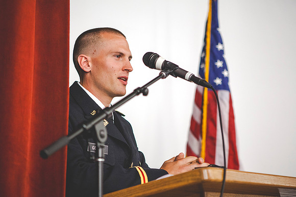 2LT Geiger gives a few closing remarks after giving his first salute as an officer.