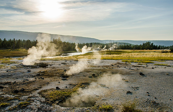 The Firehole River is fed by geyser runoff in the Old Faithful area of Yellowstone National Park.