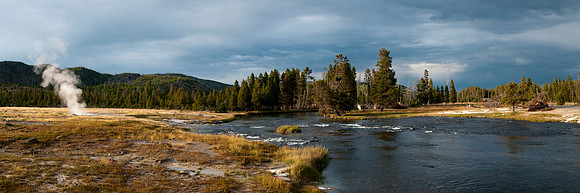 Panoramic of firehole River near Biscuit Basin in Yellowstone National Park.