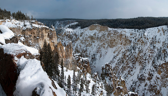 The Grand Canyon of Yellowstone blanketed with snow. Yellowstone Snowmobile trip with LDS Philanthropies and several Donors.