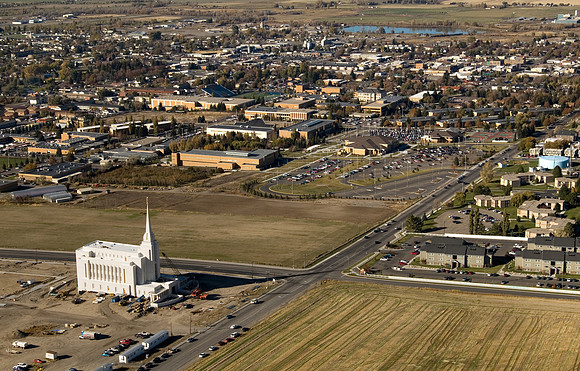 Aerial view of the Rexburg Temple with BYU-Idaho campus in 2006