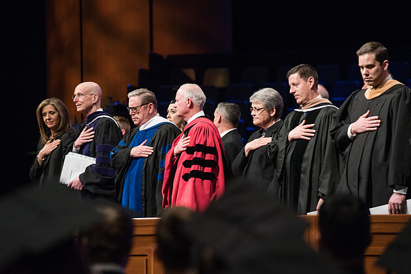 BYU-Idaho Commencement. Guest Speaker Jeffrey R. Holland and Elder Kim B. Clark with BYU-Idaho Officials during the posting of colors. Winter Semester.