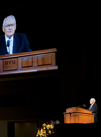 Elder L. Tom Perry addresses BYU-Idaho at Tuesday Devotional in the BYUI Center