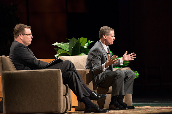 President Gilbert and Elder David A. Bednar Have a Q&A style meeting for the BYU-Idaho employees. Elder Bednar was the President during the transition of Ricks College to BYU-Idaho.