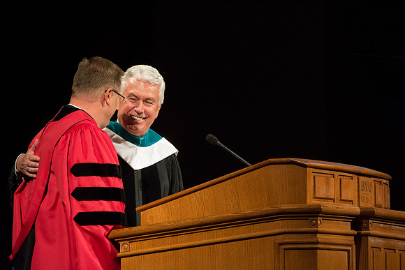 President Uchtdorf presents President Clark G. Gilbert. Photo by Erik Hill.
