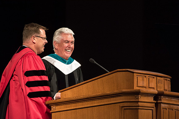 President Uchtdorf presents President Clark G. Gilbert. Photo by Erik Hill.