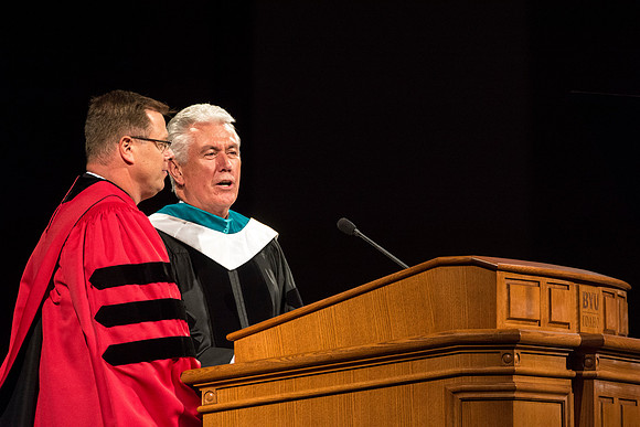 President Uchtdorf presents President Clark G. Gilbert. Photo by Erik Hill.