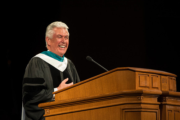 President Uchtdorf speaks at President Clark Gilbert's Inauguration. Photo by Erik Hill.