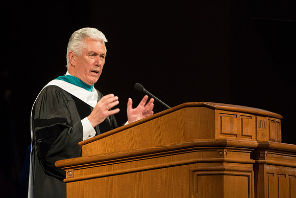 President Uchtdorf speaks at President Clark Gilbert's Inauguration. Photo by Erik Hill.
