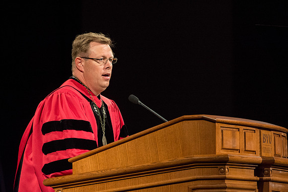 President Clark G. Gilbert speaks at his Inauguration. Photo by Erik Hill.